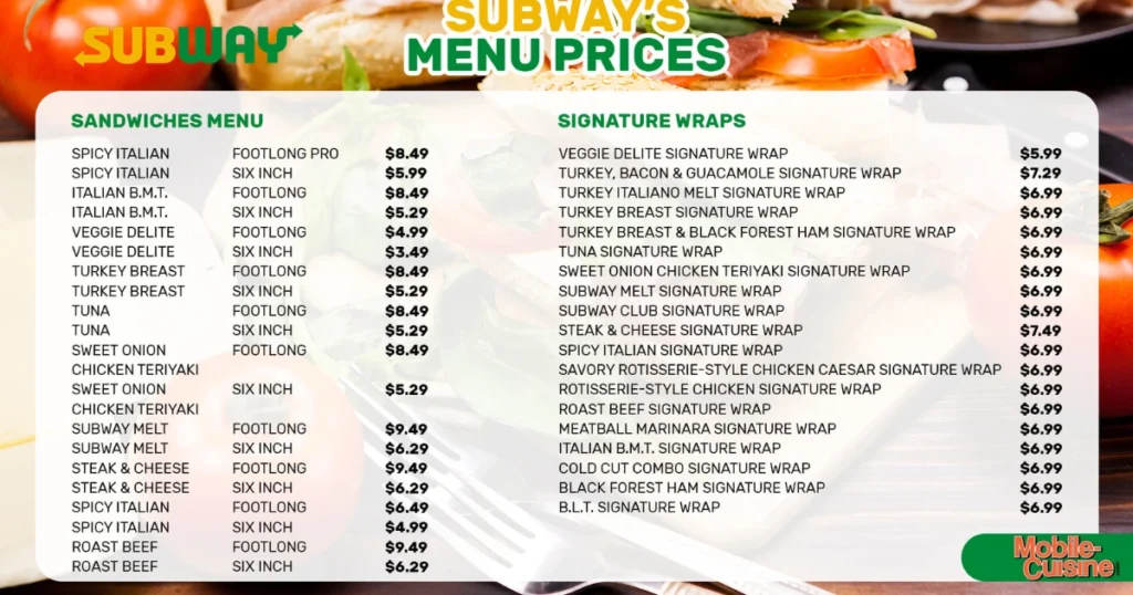 New Subway Menu With Prices
