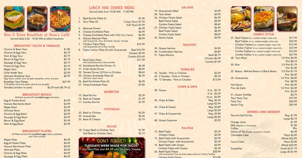 Rosa’s Cafe Menu